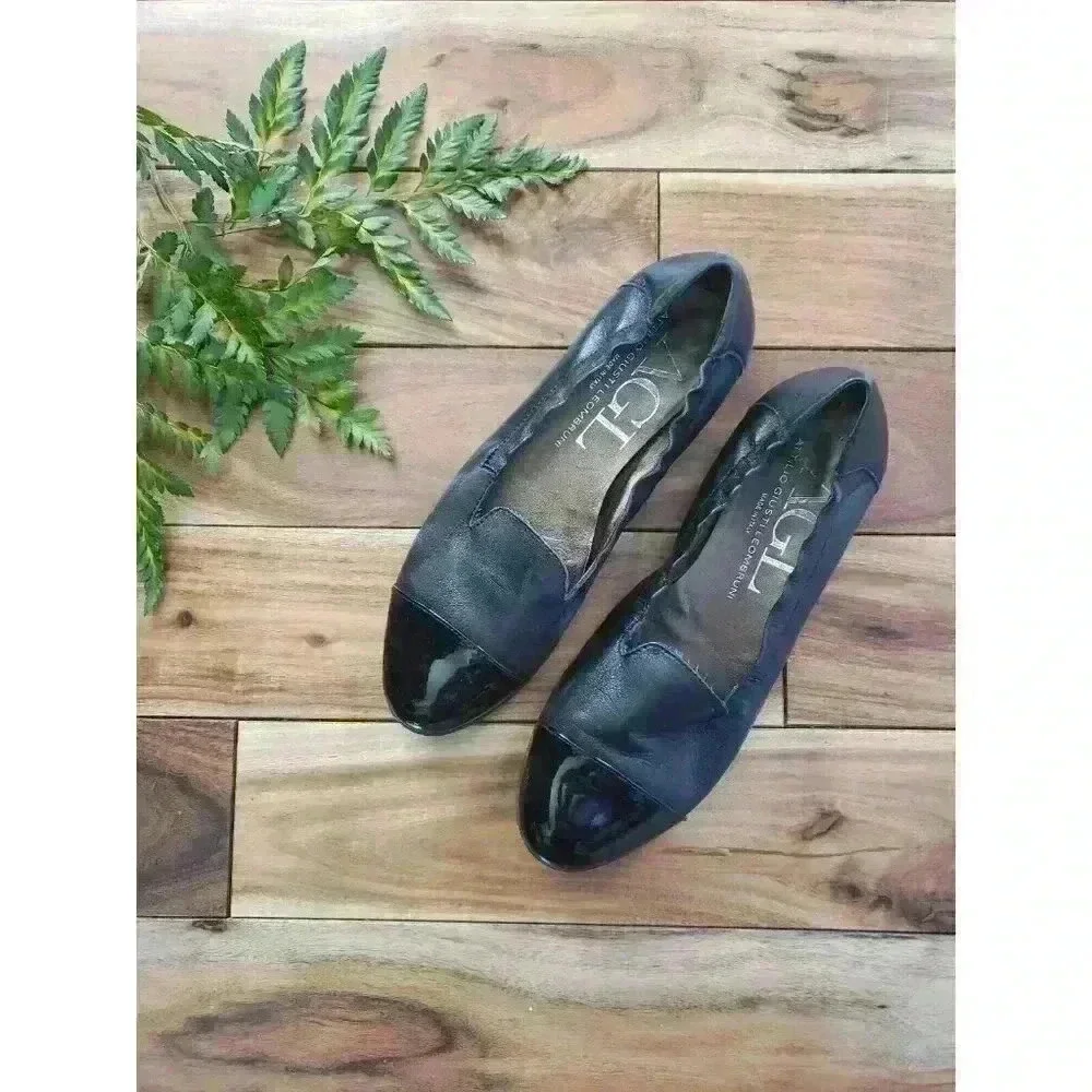 AGL Italy Attilio Giusti Leombruni Black Cap Toe Ballet Flat Leather 37‎ 1/2